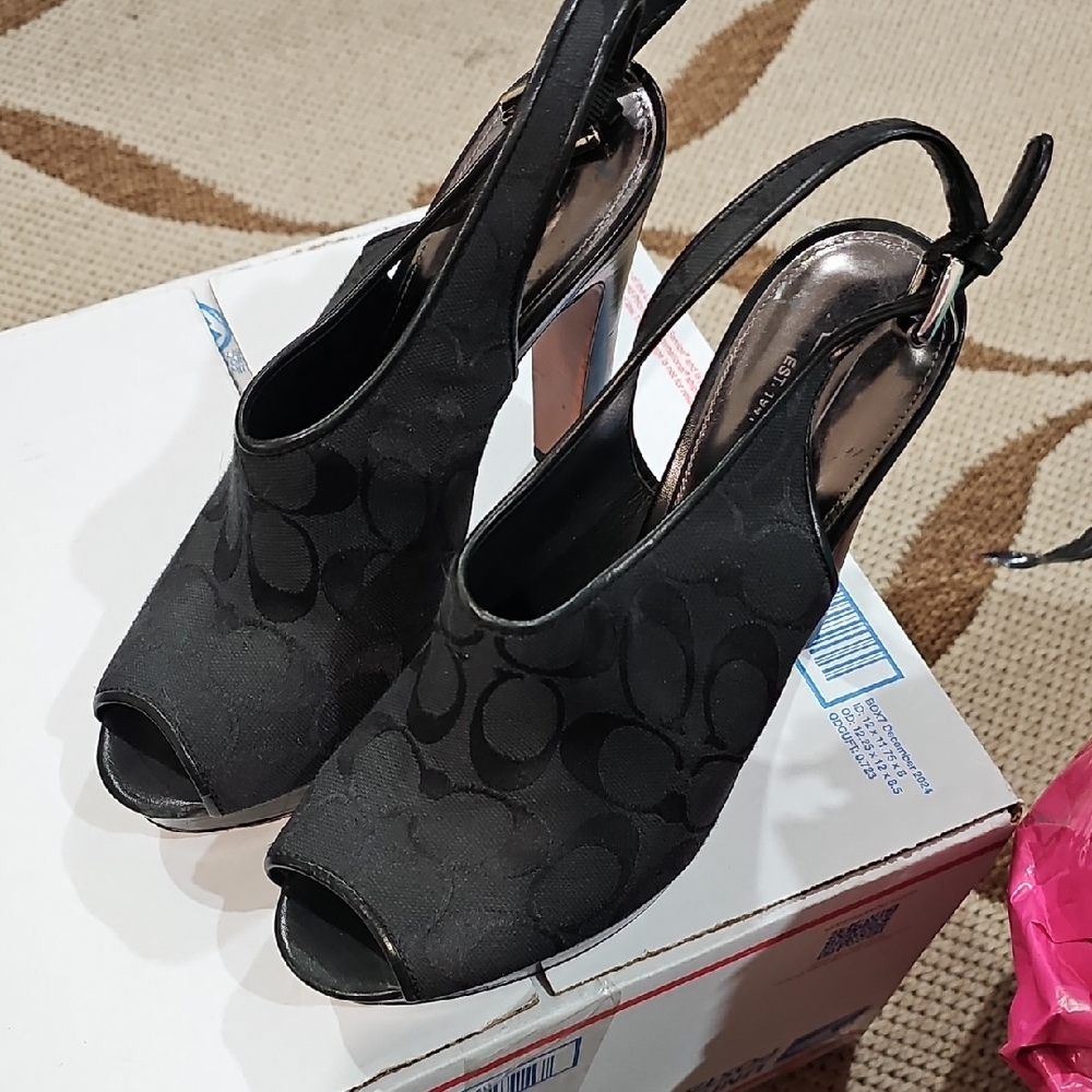 Coach Black Signature Open-Toe Slingback Heels